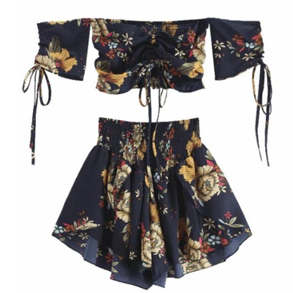 

off shoulder cinched floral women set slash neck short sleeves crop high waist shorts set beach boho suits summer, Gray