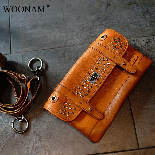 

woonam women exquisite handbag hide italy genuine calf leather rivets studs satchel flap messenger cross body bag wb889