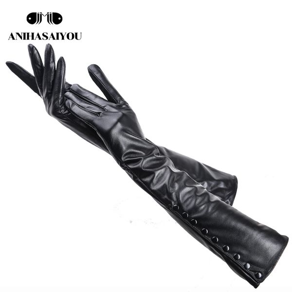 

nine buttons gloves,keep warm winter gloves, 50cm long gloves,black women' leather gloves-771 201021, Blue;gray