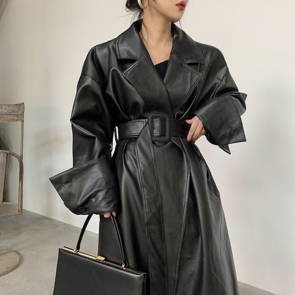 

lautaro long oversized leather trench coat for women long sleeve lapel loose fit fall black women plus size clothing streetwear 201030