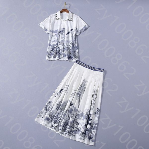 

european and american women's dress 2020 summer new styles short sleeved stud collar printed shirt pleated skirt fashion suit, White