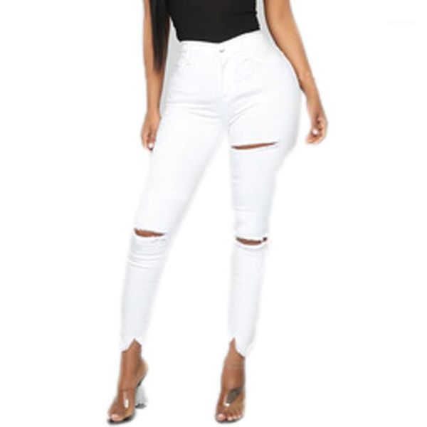 

2019 fashion women skinny stretch jeans white hole mid waist pencil pants casual street simple trousers vaqueros #y301, Blue
