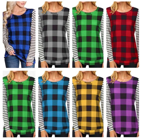 

women plaid patchwork blouses 2021 designers t-shirt long sleeve pullover hoodie striped checkered t shirt sweatshirt outfits g11205, White