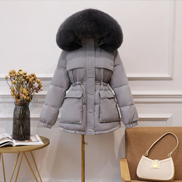 

2021 great regal skin collar new women's winter 90% white down thick jacket parka with hood released female coat snow tk05, Black