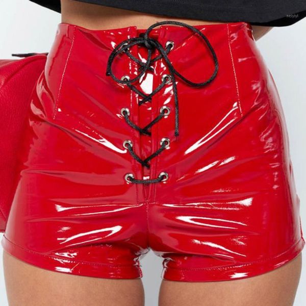 

women's shorts high waist lace up faux leather solid color pu skinny stretch #201, White;black