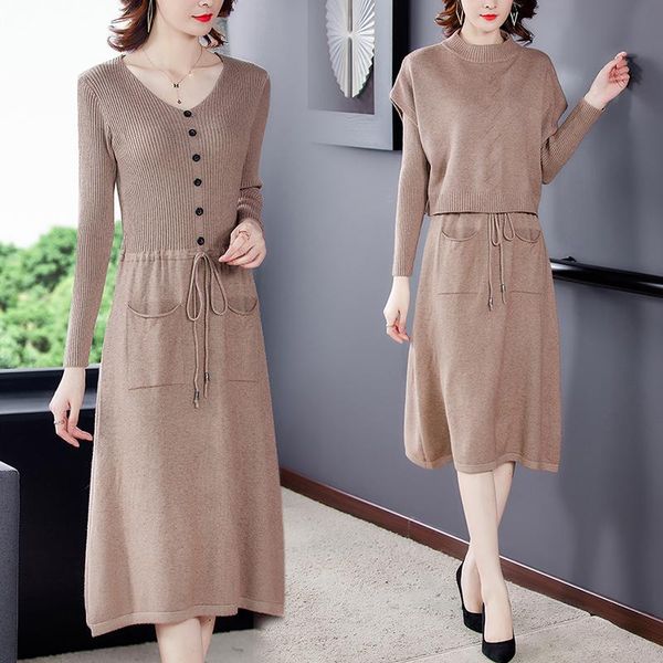 

2020 осень зима двухкусочного вязание свитер платье vintage casual solid plus размер женщина elegant теплого длинная водолазка свитер, White;black