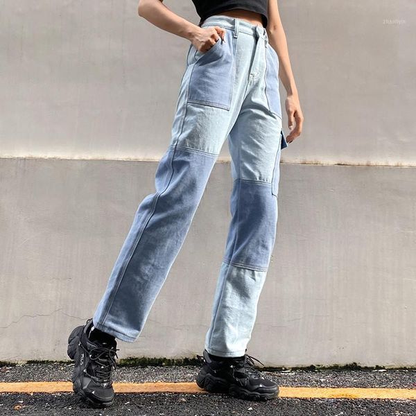 

fashion patchwork high waist straight pants woman jeans 2020 autumn harajuku full length blue denim y2k pant streetwear trousers1, Black;white