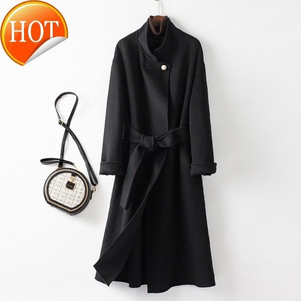 

soft woolen coat women's 2020 new mid long autumn black double faced coat women's small1