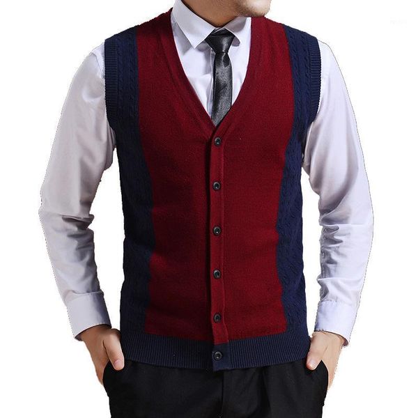 

men contrasted knit vest buttons down england style sleeveless sweater cardigan jacket basic for autumn spring v neck 2316012041, Black;white
