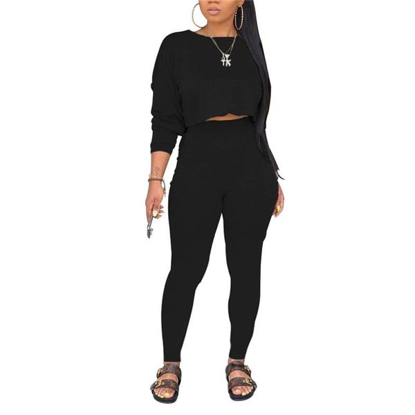 

2021 fashion trend 2 pcs women solid color outfits long sleeve round neck crop side pocket trousers sets autumn casual suits, Gray