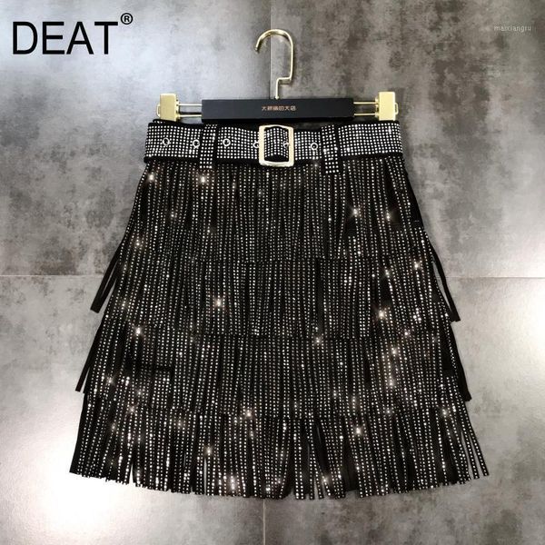 

deat 2020 new spring rhinestone tassel belt skirt women high street loose a-line slim high waist personality skirt pd5531, Black