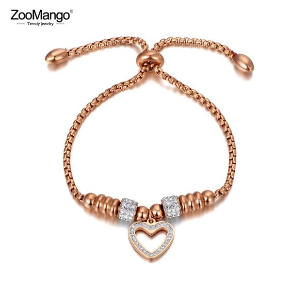 

zoomango titanium stainless steel white rhinestone chain & link bracelets for women love heart adjustable size bracelet zb20053, Golden;silver