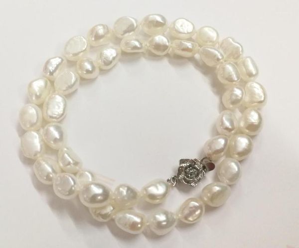 

9x10mm bright white baroque real pearl necklace flower clasp natural freshwater pearl woman jewelry 43cm 17'' 14'' 35cm1, Golden;silver