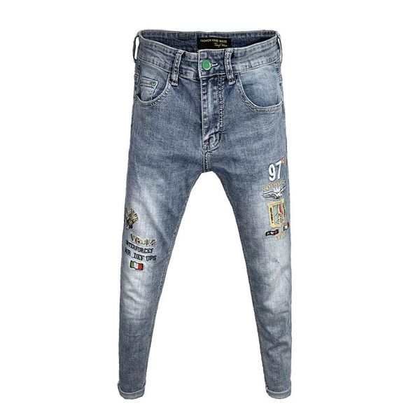 

men's jeans spring and summer 2021 fashion denim embroidered pants skinny men brand light blue wild feet slim pencil
