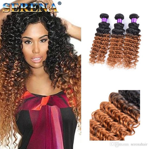 

peruvian 1b 30 honey blonde ombre human hairs 3pcs two tone human hair weave peruvian human hair bundles deep wave curly hair weaves, Black