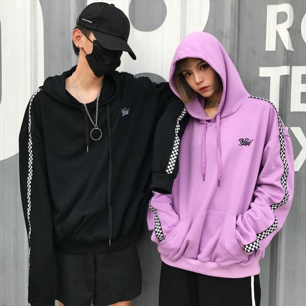 

harajuku fashion plus velvet thicken women hoodies chic striped plaid hooded sweatshirt letters embroidery loose women pullovers, Black