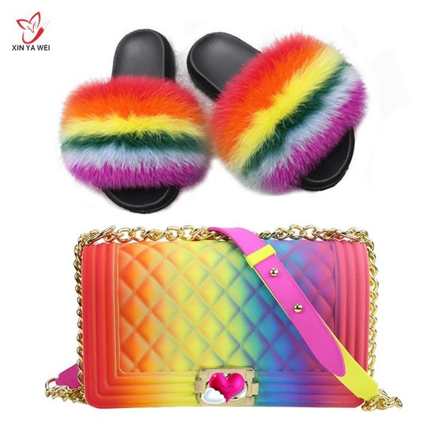 

100% real fox fur slippers women fur slides rainbow shoe cute fur flip flops women travel furry shoes jelly bags set fashion bag c1008