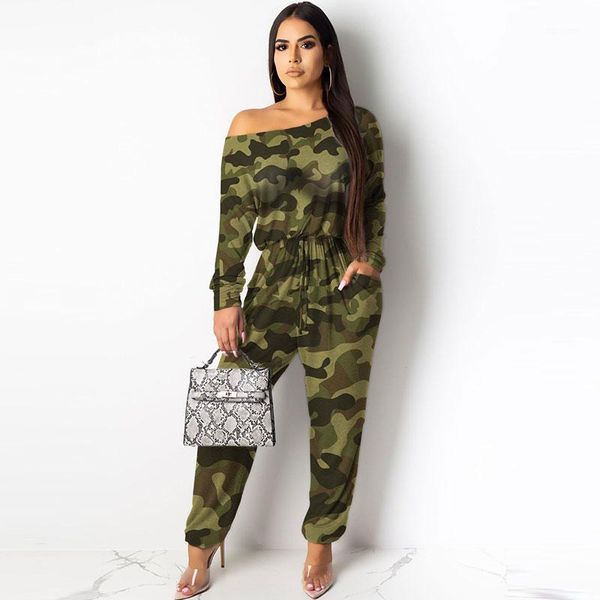 

2020 autumn camouflage women rompers one shoulder long jumpsuit women classy regular overalls office lady workwear jumpsuit1, Black;white