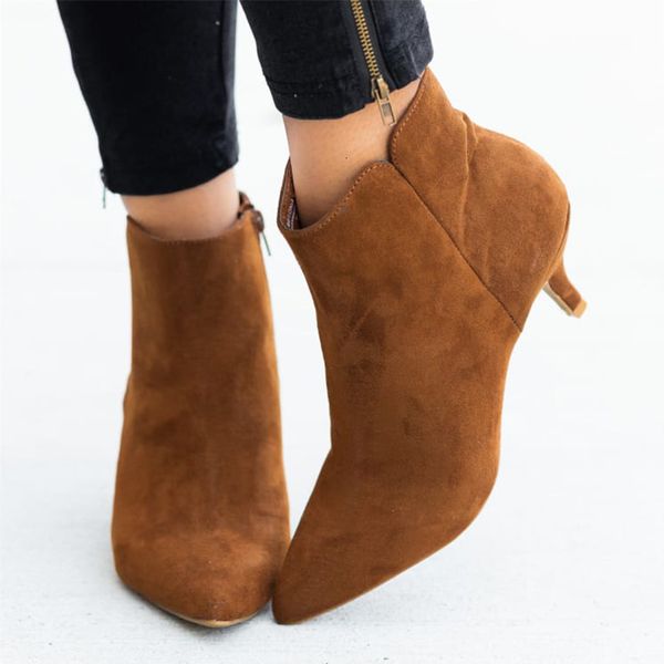 

2021 new autumn women's leopard pointed toe ankle boots zip woman snake stilettos plus size ladies suede shoes n2m9, Black