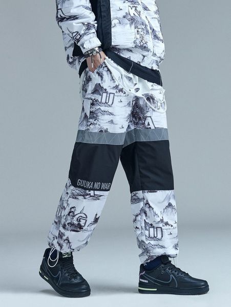 

men slogan and ink painting print drawstring waist pants n2zj#, Black