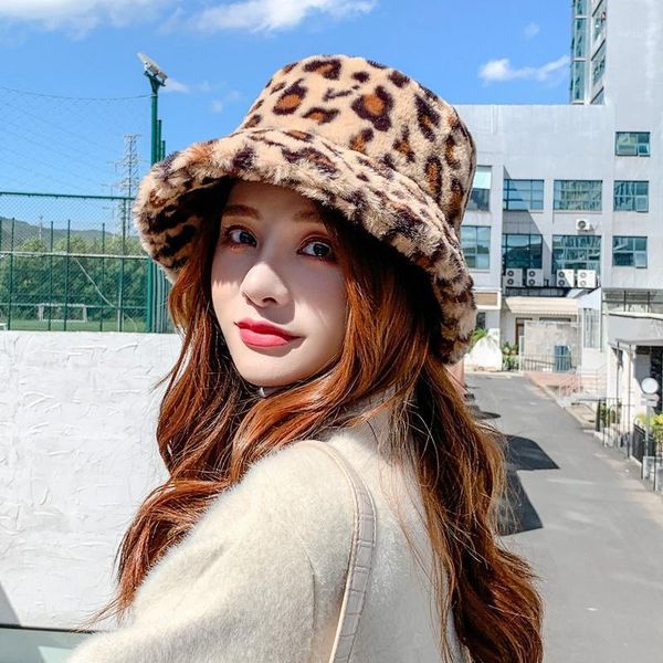 

women leopard print faux fur hat winter warm plush fisherman cap bucket hat christmas gift1, Blue;gray