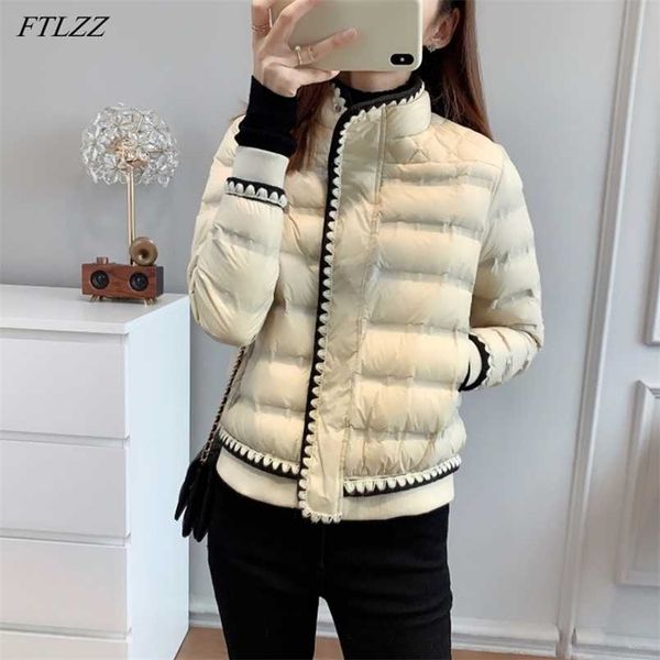 

ftlzz winter women 90% white duck down coat stand collar zipper lace solid jacket thick warm snow parka outwear 211221, Black