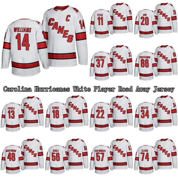 

carolina hurricanes white player road away jersey 14 williams 11 staal 20 aho 86 teravainen custom any name any number hockey jerseys, Black;red