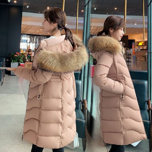 

2021 new female fashion winter woman parkas mid-length thin fit waist long skin collar down quilted jacket 40dn, Black