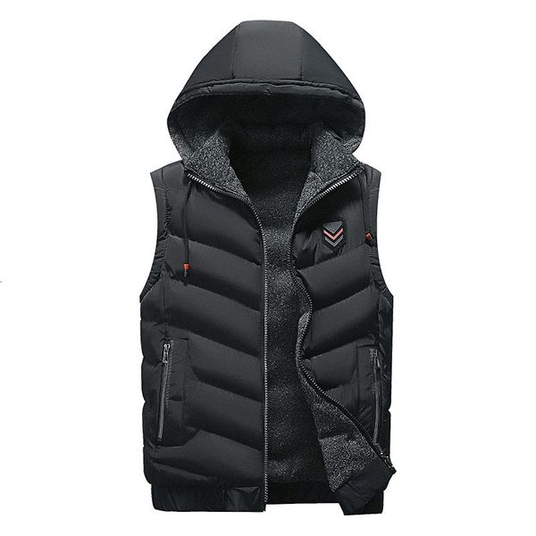 

straight hem side seam pocket black zipper cardigan plain hooded stand collar men's casual vest, Black;white