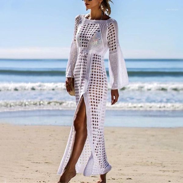 

2020 crochet white knitted beach dress hollow out beach cover up tunic long pareos bikinis cover ups swim robe plage beachwear1, White;black