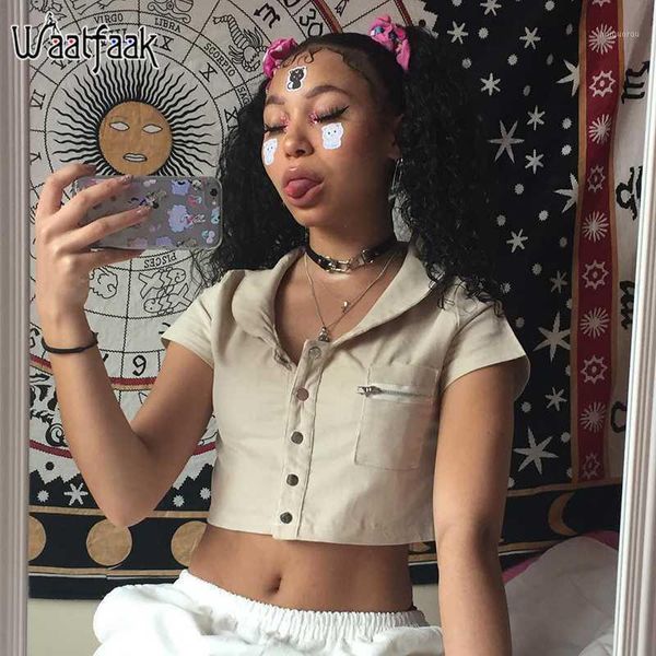 

waatfaak button split pocket crop t shirt ladies lapel high street 2020 spring summer tshirt short sleeve casual solid khaki1, White