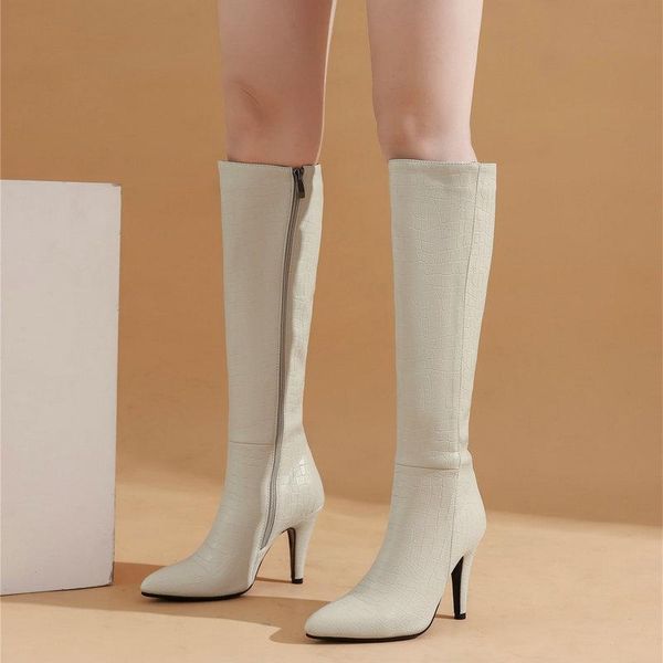 

boots high heels women knee autumn winter warm motorcycle pointed toe night club long shoes woman, Black