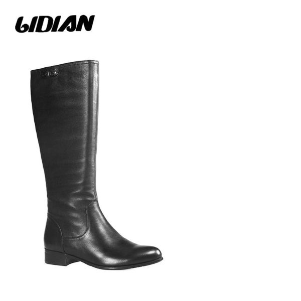

lidian 2020 women high boots full grain leather elastic back low stacked heels winter boots short plush lining winter h22, Black