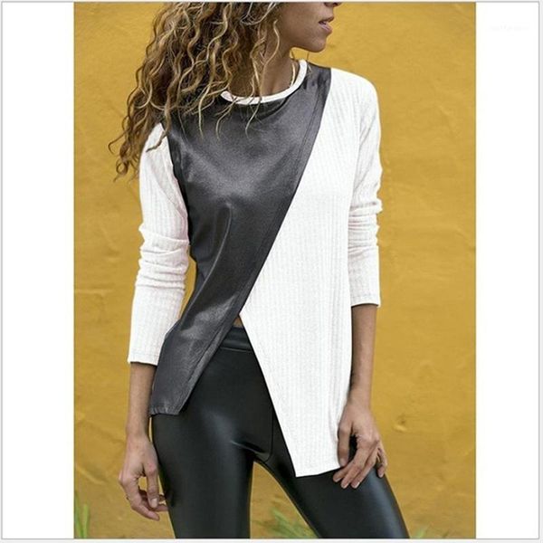 

women t-shirt autumn long sleeve round neck contrast stitching casual loose tshirt fashion 1, White