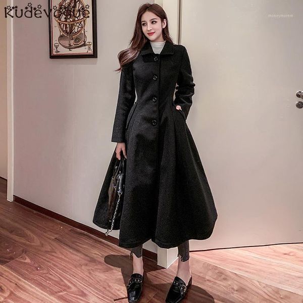 

women's wool & blends woolen coat female mid-length 2021 hepburn style korean winter waist1, Black