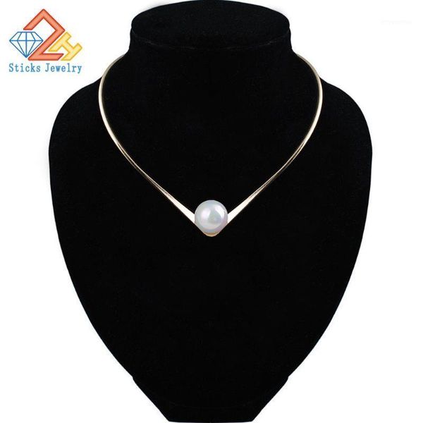

new fashion jewelry simple v design torques choker necklace for women girl big pearl wedding necklace1, Golden;silver