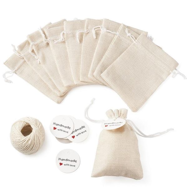 

1set burlap packing pouches drawstring bags with jewelry display kraft paper price tags and hemp cord twine string for jllfdi