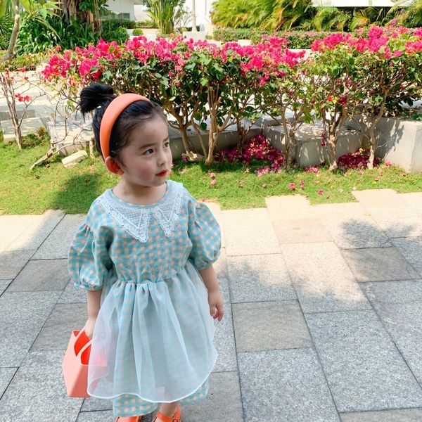 

sbdtq monkey mu a children's korean style summer style short sleeve western new girl lace collar princess dressdress dressplaid yarn pr, Black;gray