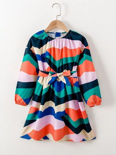 

girls colorblock bishop sleeve belted dress she, Red;yellow