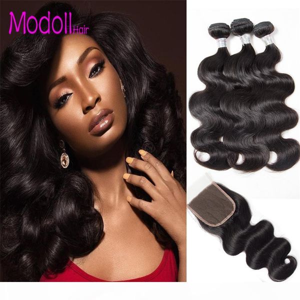 

indian body wave hair 4 bundles with closure 100% human hair raw indian remy body wave hair and lace closure deals, Black;brown