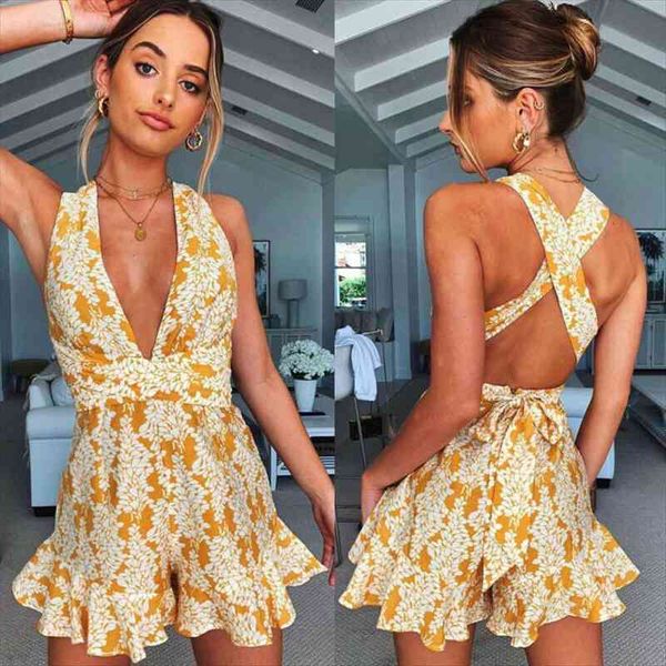 

women casual sleeveless v neck backless floral romper bodysuit playsuits pants summer women clothes, Black;white