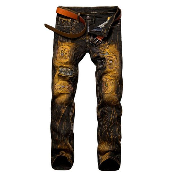 

jeans black yellow monkey wash embroidered large men's trousers, Blue