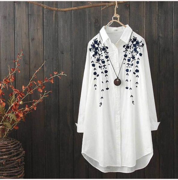 

plus size cotton embroidery women loose long white shirts 2021 spring autumn new casual ladies blouse female oversize