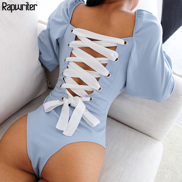 Rapwriter Sexy Backless Painéis Lace Up Praça Collar Lolita Estilo Bodysuits Mulheres Long Sleeve alargamento Abra Crotch Bodysuit Y200930