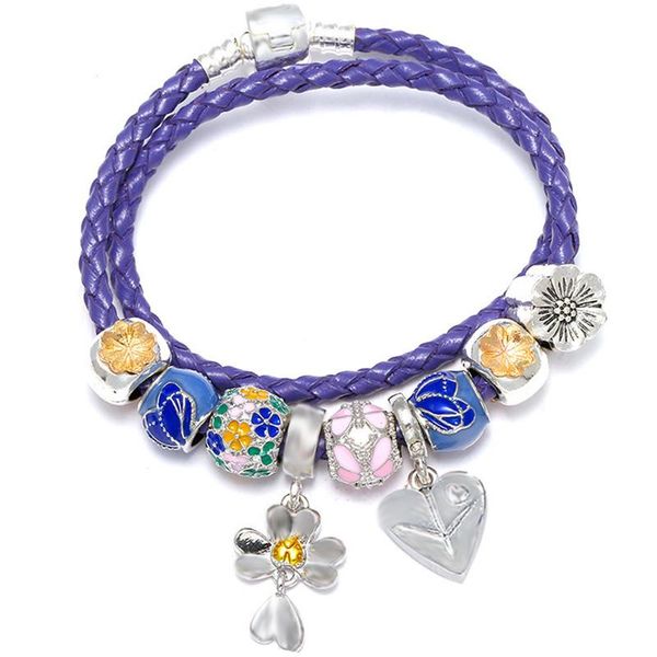 

TOGORY Hight Quality Purple Murano Charm Bracelets With Flower Pendant DIY Leather Chain Brand Bracelet For Women Couple Jewelry, Golden;silver