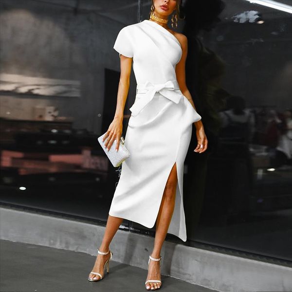 

one shoulder ruched irregular party dress women slit high waist plunging dresses summer 2019 white black elegant vestidos femme, Black;gray