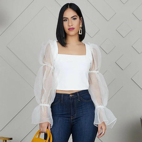 

womens casual sheer mesh puff long sleeve shirts crop blouse, White