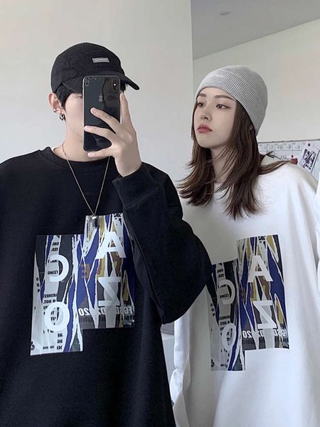 

couple's sweater men's hoodless crew neck loose korean version trend versatile new simple ins national fashion autumn and winter, Black