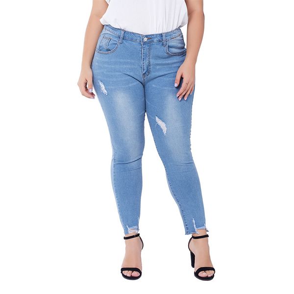 

large code european women's broken hole elastic wash body ladies riped for women high waist jeans, Blue