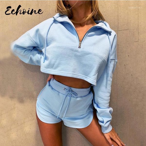 

women's tracksuits solid long sleeve zipper high neck elastic crop sweatshirshorts 2 pieces 2021 autumn women fashion casual sport, Gray